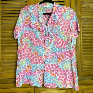 Pendleton pink floral silk/cotton breathable,ruffle V-neck,button down top SZ-16